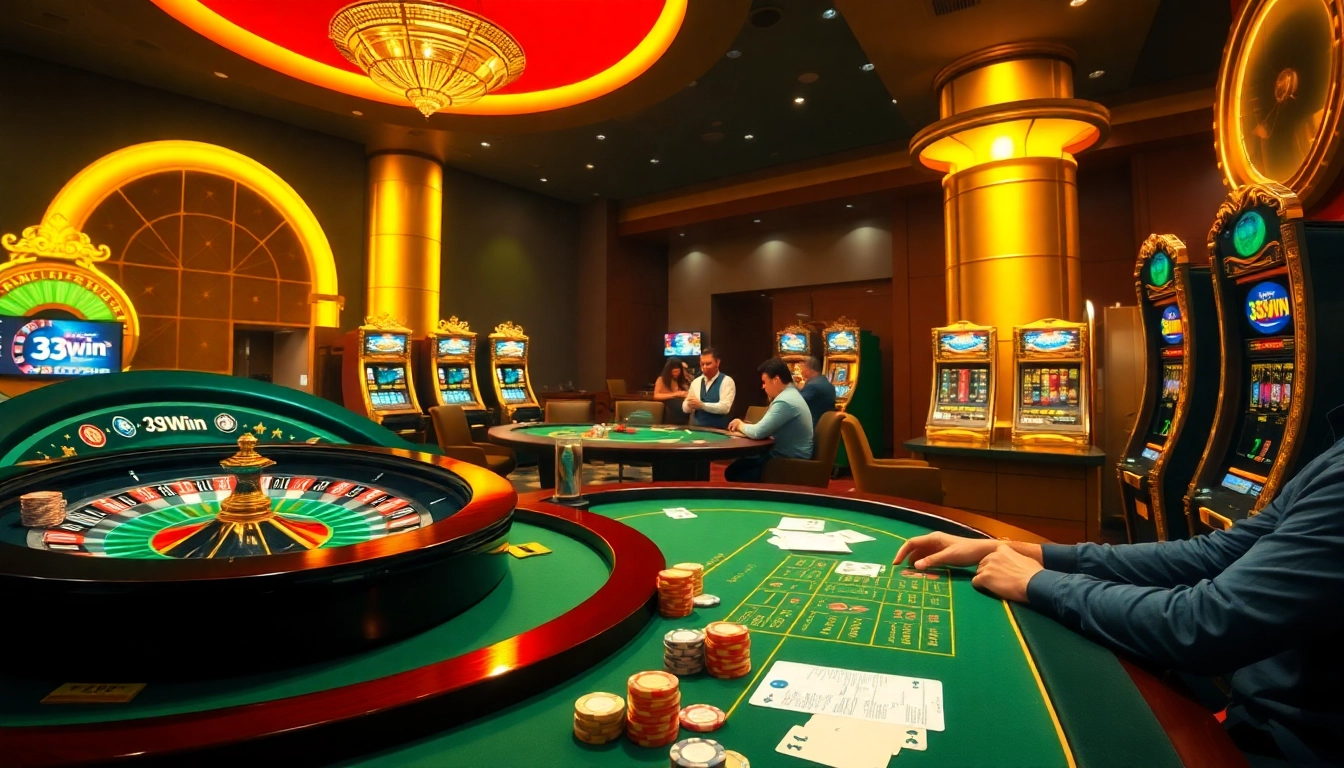 33win players enjoying a high-stakes game at an elegant casino table with vibrant lighting.