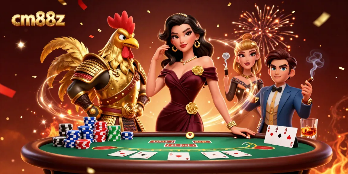 Engage with cm88z at a vibrant poker scene featuring glamorous characters and dynamic gaming elements.