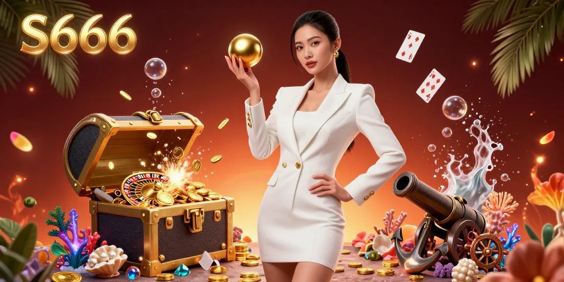 S666 showcases a stunning digital casino illustration of an Asian woman with a roulette ball, surrounded by vibrant gaming elements and golden treasures.