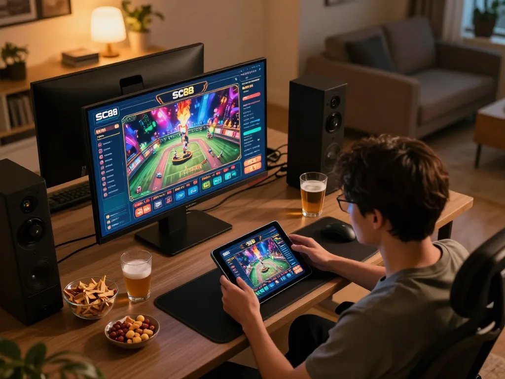 Player engaging with the SC88 casino app on tablet during a cozy gaming session.