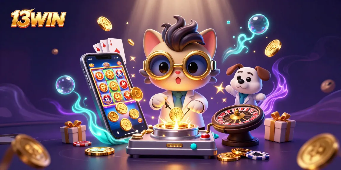 Experience the thrilling world of 13WIN with vibrant slot games and captivating casino scenes.