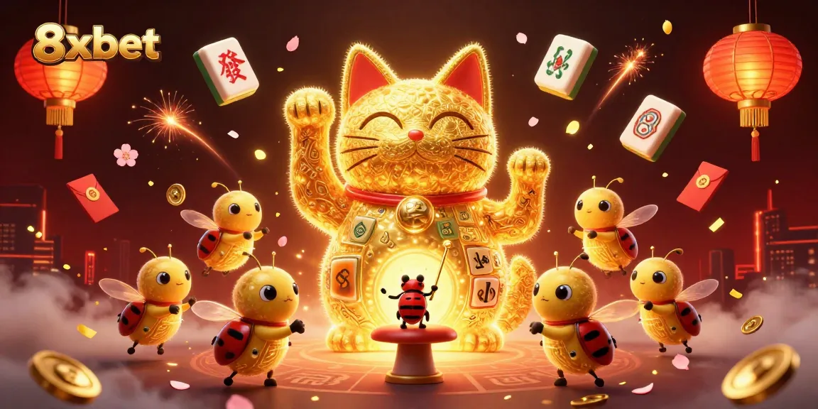 Engage with 8xbet's vibrant casino scene featuring a lucky cat and fun gaming symbols.