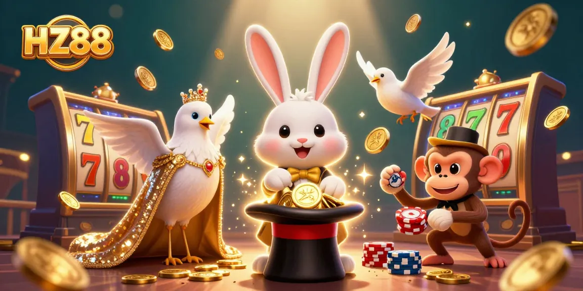 Experience HZ88's vibrant casino atmosphere with a magician and lively elements showcasing winning opportunities.