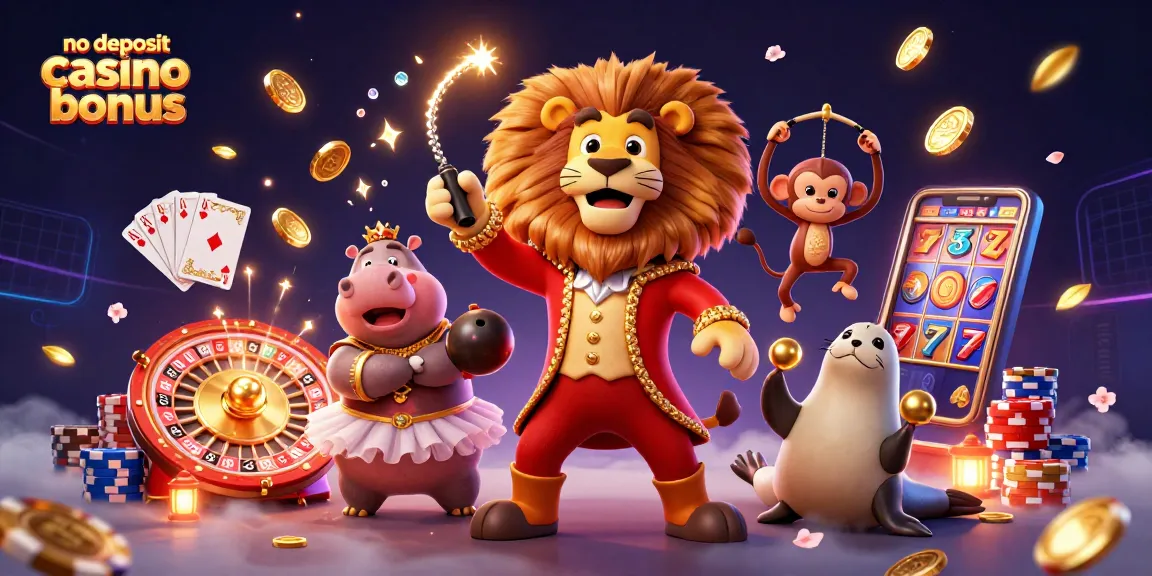 Experience excitement with the no deposit casino bonus surrounded by vibrant characters and dynamic casino elements.