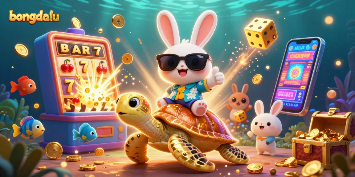 Engage with Bongdalu's lively scene featuring a lucky rabbit and golden turtle amid casino excitement.